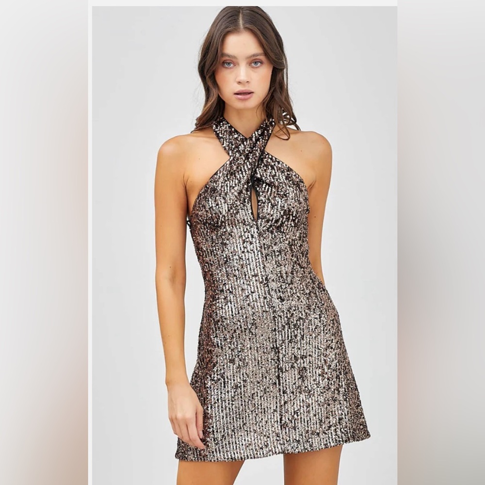 Fab’rik Copper Sequin Halter Mini Dress • Crisscross Neck • Size M